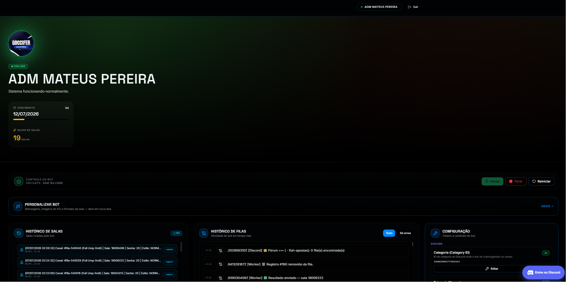 Painel do usuário GUCCIFER SYSTEM
